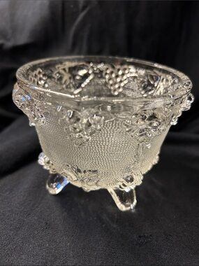 Pressed Glass Footed Bowl - Clear Floral Pattern